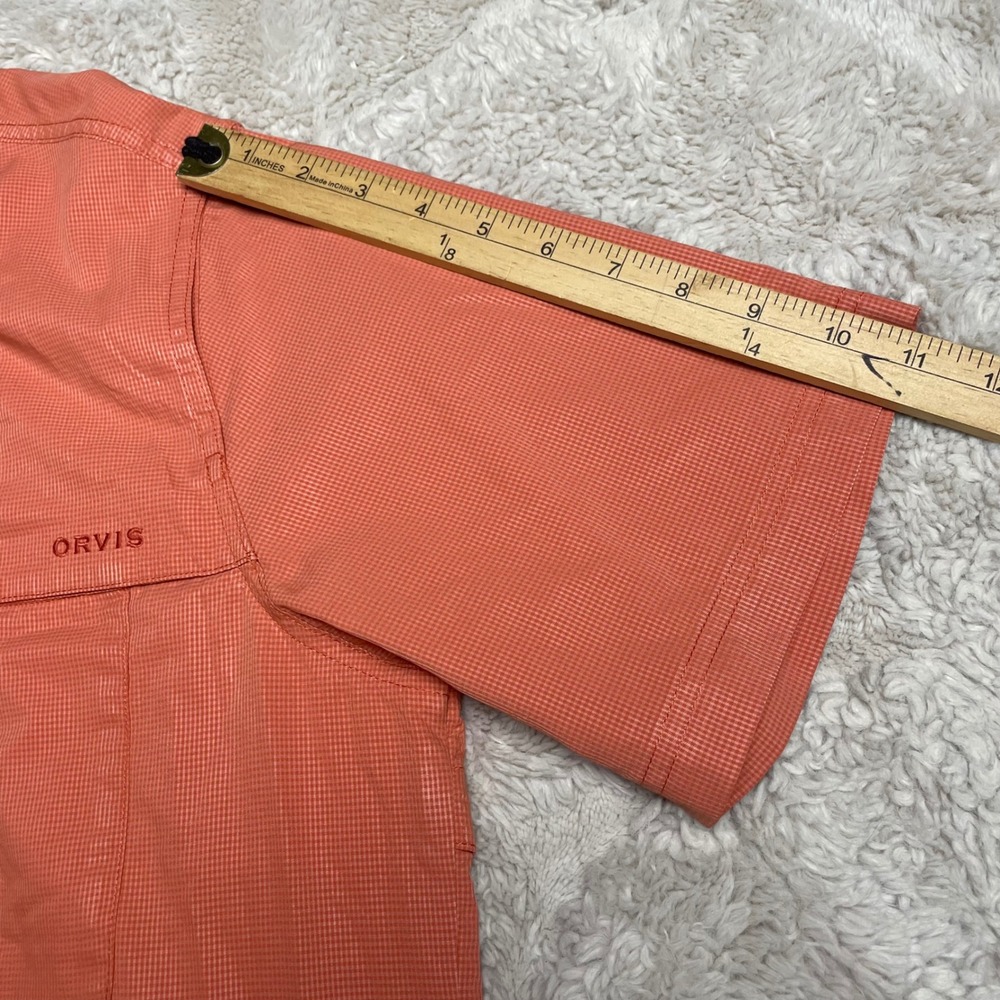 Orvis Mens Large Orange Micro Check Short Sleeve Vented Fishing Shirt Button Up - Picture 12 of 16